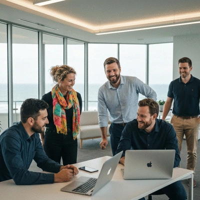 Diverse team working together in a contemporary Gold Coast office space