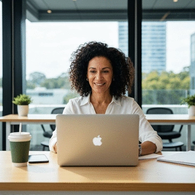 Professional Gold Coast job seeker using a laptop in a modern bright co-working space
