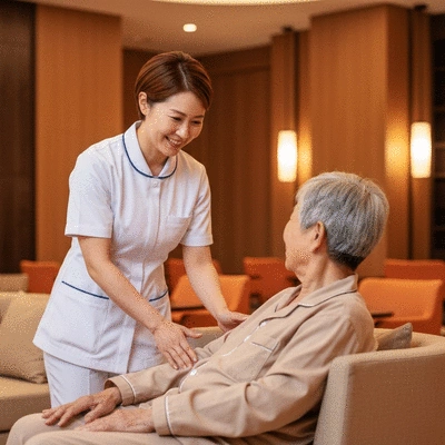 Compassionate nurse assisting an elderly resident in a bright, modern aged care facility