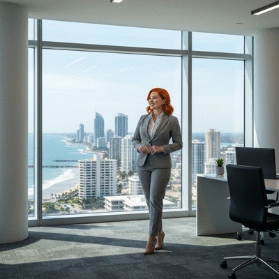 Professional woman smiling in a bright modern office on the Gold Coast