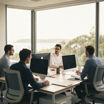 Modern bright office space in Robina with employees working on computers and collaborating