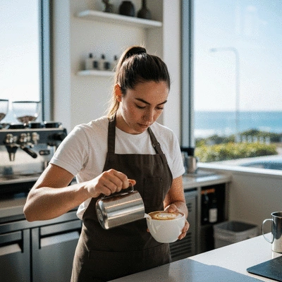 Professional barista preparing coffee in a modern Gold Coast cafe