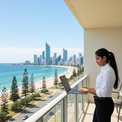 Professional person working on a laptop with a coastal view in background