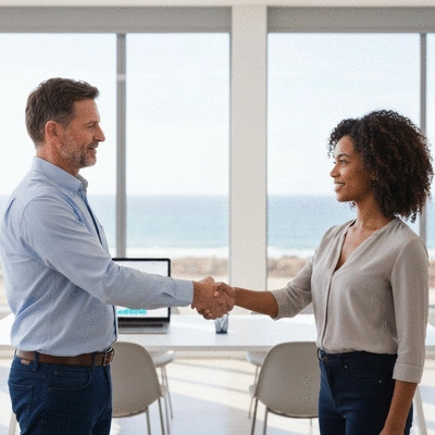 Professional handshake in a modern office with coastal views