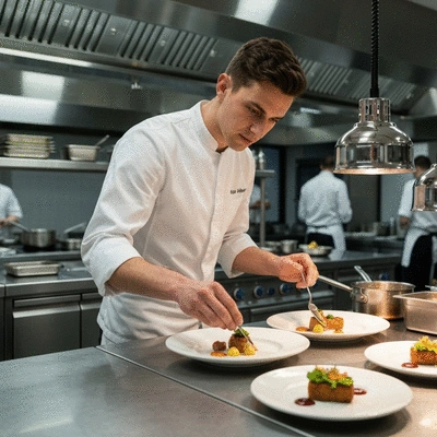 A professional chef preparing gourmet food in a high-end restaurant kitchen