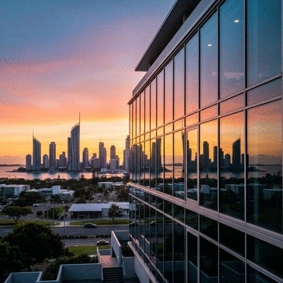 Modern office building with large windows overlooking the Gold Coast skyline
