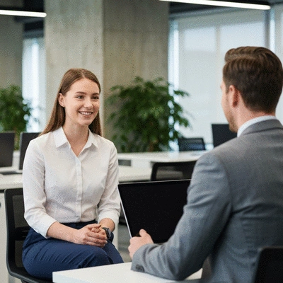 A professional office setting showing a young adult engaged in a positive job interview with a hiring manager