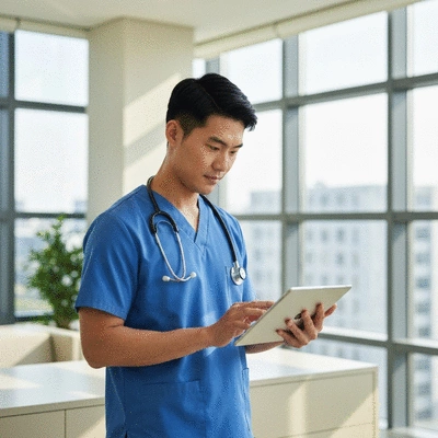 Professional nurse in scrubs using a digital tablet in a modern Gold Coast clinic