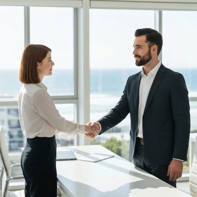 Professional handshake in a modern office setting on the Gold Coast