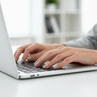Close-up of a professional person working on a high-tech laptop in a bright workspace