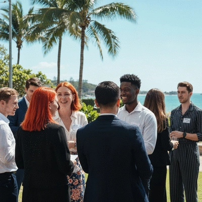 A group of diverse young professionals networking at a bright Gold Coast community event