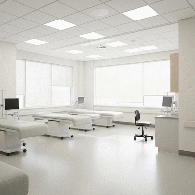 Modern healthcare facility interior with clean medical equipment and natural light