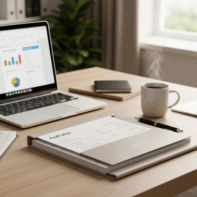 Candidate preparing for a professional job interview with documents and a laptop