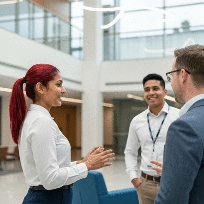 Professional networking event with people talking in business casual attire