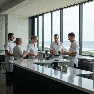Modern professional cafe environment on the Gold Coast with staff serving customers