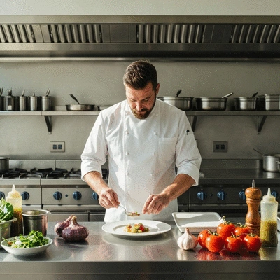 Professional chef preparing a gourmet dish in a sunlit Gold Coast restaurant kitchen