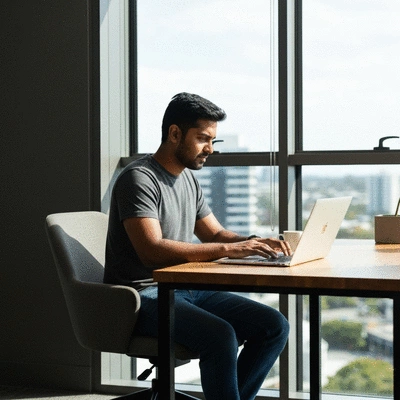 Modern workspace with laptop and coffee overlooking Gold Coast skyline